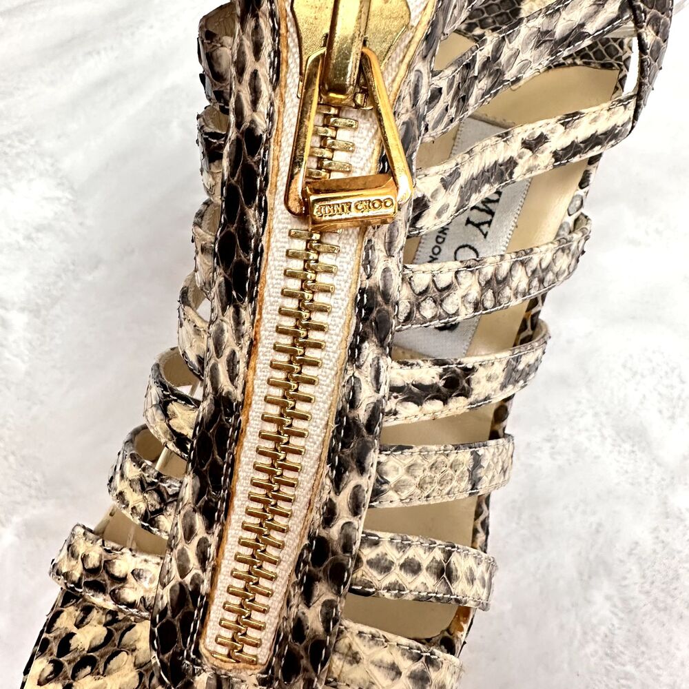 Jimmy Choo Women's Snakeskin Heels Strappy Sandals Front Gold Zip Python SZ 37 - Picture 11 of 14